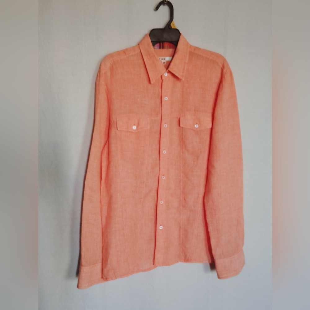 Mr. Turk Men's Orange White Tiny Plaid Long Sleeve Linen Dress Shirt Size Med.